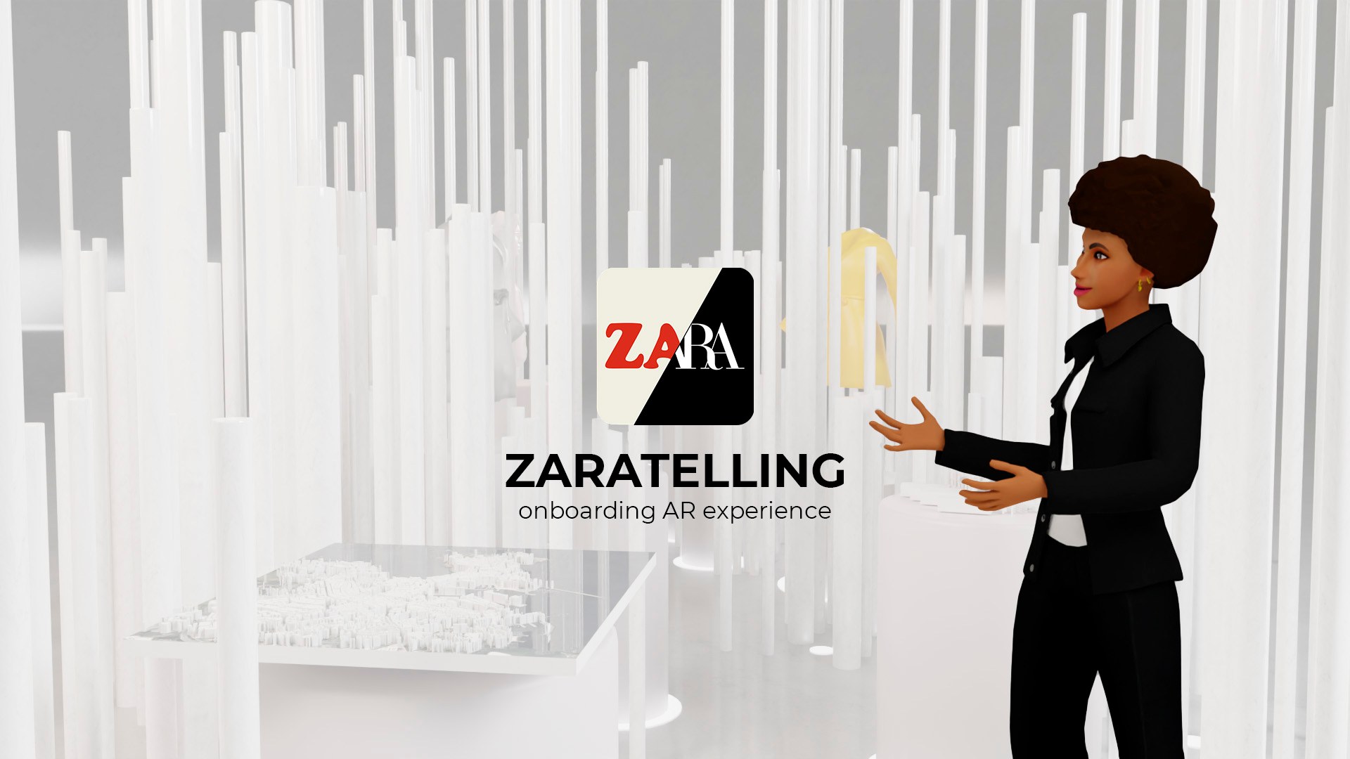 Avatar presentando la experiencia Zaratelling de onboarding en realidad aumentada